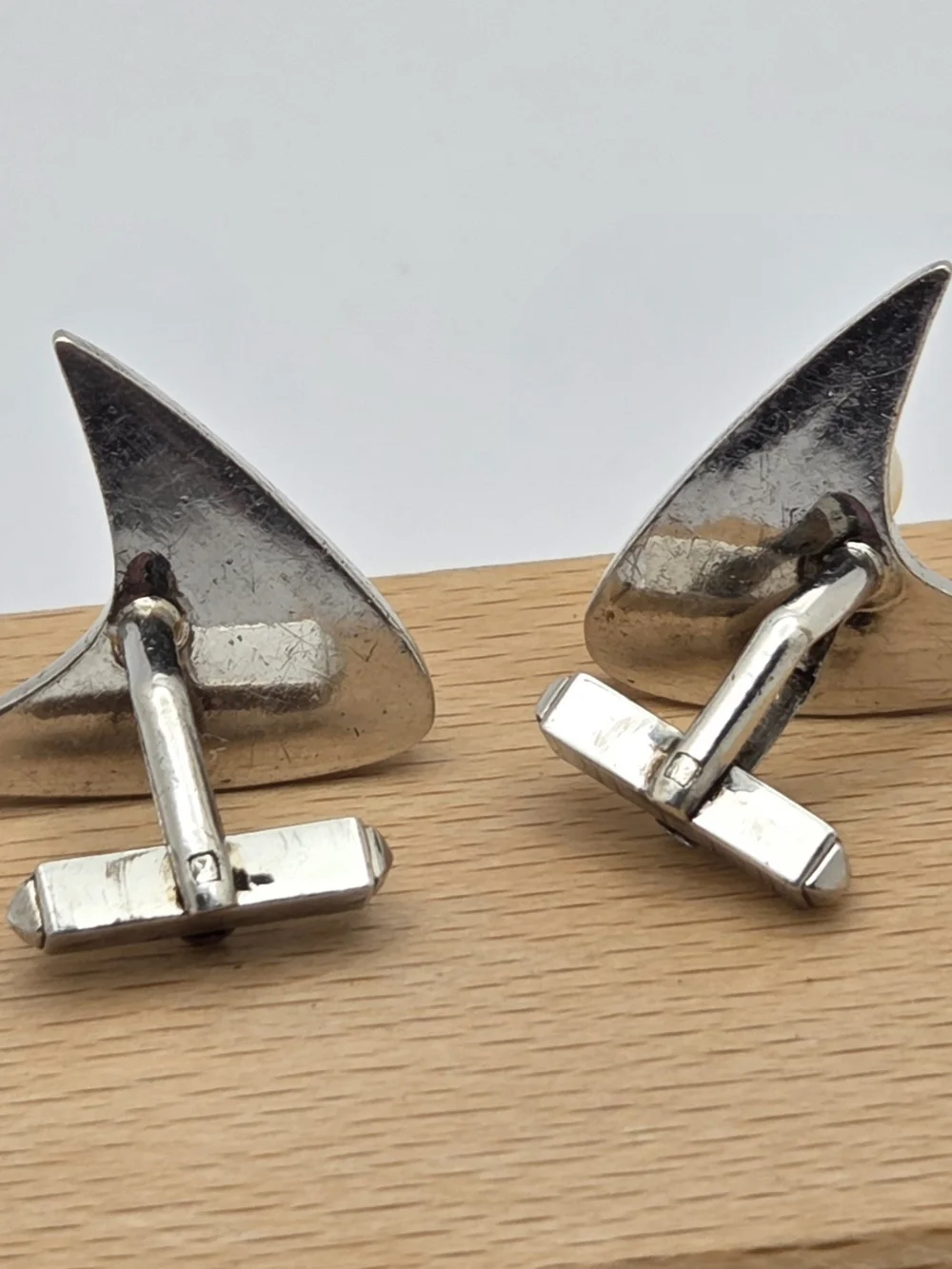 Vintage Sterling Silver Pearl Atomic Age Boomerang Cufflinks MCM